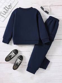 青少年男孩风景印花圆领运动衫和运动裤休闲两件套 - 寶藍色 - 查看 2