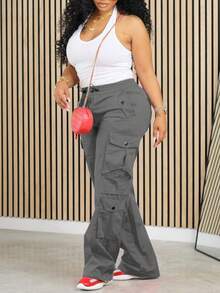 Women's Solid Color High Waisted Cargo Pants  Wide Leg Straight Trousers With Multi Pockets  Casual Streetwear - Xám - Xem 3