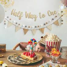 4pcs Non-Woven Fabric Happy 1/2 Birthday Decorations, Adhesive Backed, Minimalist Khaki Series, Pre-Strung, No DIY Required, Happy Birthday Garland Wreath Party Favors - Half Way to One - View 3