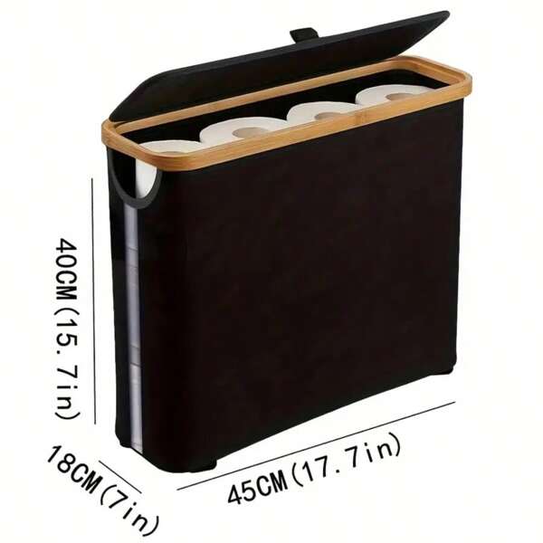 targetone Cestino porta-fazzoletti Targetone in bambù con coperchio - Grande capacità per 9 rotoli, elegante organizer per il bagno con strisce in legno e struttura in metallo, design effetto tessuto nero perfetto per bagni moderni