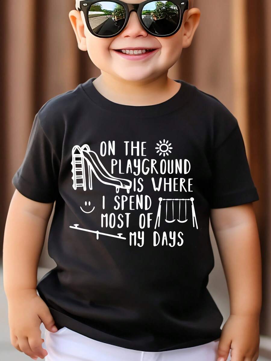 Playground Enthusiast! Fun Hand - Drawn Playground - Themed Kids' T - Shirt Soft Cotton, Crew Neck Short Sleeve T-Shirt For Spring & Summer - 黑色 - 查看 1