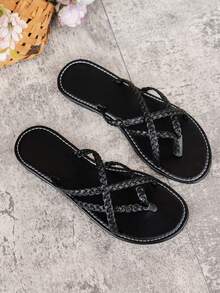 New Woven Flat Thong Sandals, Casual Versatile Beach Shoes, Lightweight & Comfortable In Brown, White, Silver, Black - Black - View 8