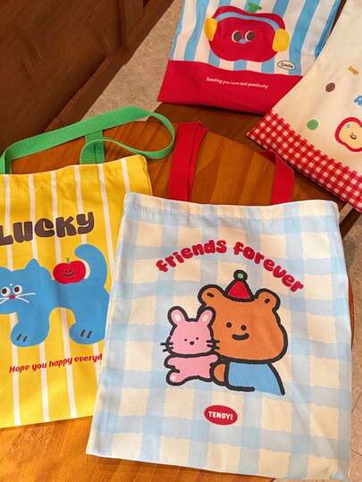 1 件可爱卡通图案帆布包，大容量帆布包，适合旅行、工作、学校、购物和存储，适合学生、工作场所、家庭和超市，适合电脑、书籍、便当、水果学校用品，返校