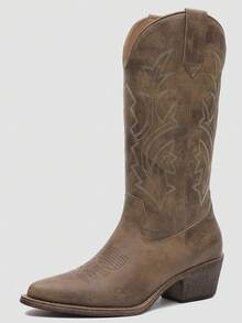 GLOBALWIN Women's Mid Calf Western Cowboy Boots Cowgirl Boots For Women With Floral Embroidery Side Zipper Chunky Heel Fall Boots Halloween Season - 23YY13 駝色 - 查看 4