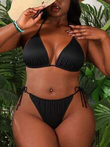 Slaydiva Summer Beach Plus Size Mono Bikini Set Halter Triangle Bra & Tie Side Bikini Bottom 2 Pieces Bikini - Black - View 1