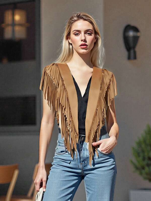 Women's Suede Tassel Vest 70s Hippie Outfit Sleeveless Open Front Vest Western Collar