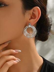 1pair Fashionable Stainless Steel 3-Hoop Circle Stud Earrings, Chic Personalized Vintage Style Party Earrings Accessory For Women - Yellow Gold - View 4