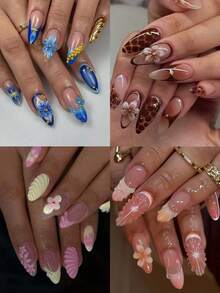 Bộ móng tay giả 96 chiếc (4 chiếc hỗn hợp) móng tay gel 3D màu hạnh nhân dài tạo móng tay hoa với thiết kế trang trí ngọc trai, móng tay acrylic kiểu Pháp, bộ móng tay giả màu hạnh nhân vừa vặn hoàn hảo, bao gồm: 1 keo dán và 1 dũa móng, dễ dàng sử dụng cho mùa hè và móng tay đầu Pháp, dành cho phụ nữ và bé gái, dùng hàng ngày và dự tiệc, phụ kiện làm móng - Nhiều màu - Xem 9