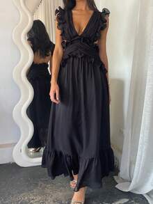 Unadoll Women's Casual Vacation Deep V Sexy Backless Ruffle Hem Dress, Suitable For Beach, Travel, Daily Life, Date, Music Festival And Back To School - Black - View 6