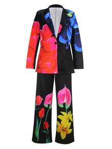 Spring Women's Blue Suit Long Sleeve Trousers Printed Two Pieces Suit Small Stand Collar Trousers With Pockets Suitable For Office Work