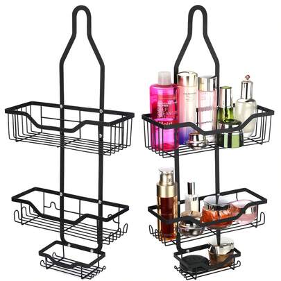  OYAJIA Shower Caddy Over Shower Head: Adjustable Hanging Bath Organizer With Soap Tray, 3-Tier Baskets & 4 Hooks For Razor, Loofah - Black Back To School
