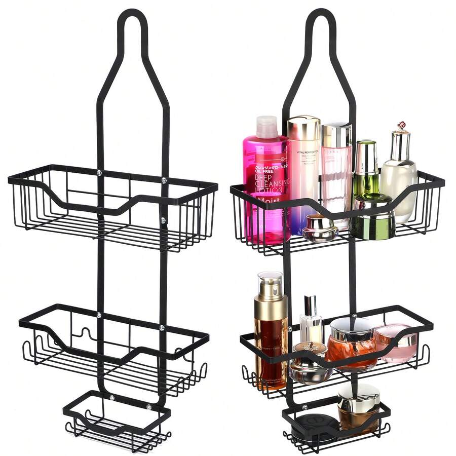OYAJIA Shower Caddy Over Shower Head: Adjustable Hanging Bath Organizer With Soap Tray, 3-Tier Baskets & 4 Hooks For Razor, Loofah - Black Back To School - Black - View 1