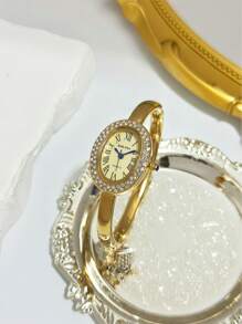 1 relógio de pulso, dourado, prateado, com diamantes, luxuoso, de marca requintada, elegante, de aço inoxidável, à prova d'água, adequado para uso diário, para presentes femininos