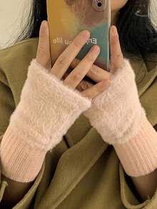 1 双柔软半指手套，针织保暖无指冬季手套，适合女士 - 白色 - 查看 4