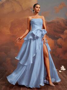 VIPGIRL Elegant Blue Strapless Bow-Tiered High Slit Gown, Floor-Length Formal Evening Dress, Women's Prom Dress, Chic Cocktail Party Dress, Glamorous Banquet Gown, Women Formal & Evening Dresses,Princess Style Bridesmaid Dress,Wedding Guest Dress - 藍色 - 查看 4
