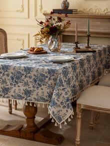 1pc Bohemian Vintage Blue Rose Floral Tassel Tablecloth, Rectangular Dust Cover For Dining Table, Coffee Table, Bedside Table, Suitable For Farmhouse, Kitchen, Dining Room, Living Room, Party, Picnic, Camping, BBQ, Holidays, Weddings, Home Decor, Spring/Summer