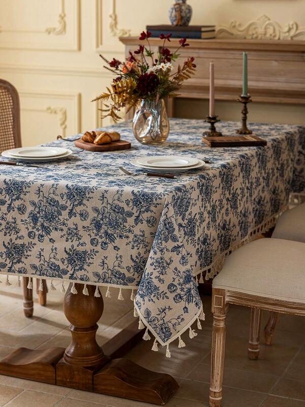 1pc Bohemian Vintage Blue Rose Floral Tassel Tablecloth, Rectangular Dust Cover For Dining Table, Coffee Table, Bedside Table, Suitable For Farmhouse, Kitchen, Dining Room, Living Room, Party, Picnic, Camping, BBQ, Holidays, Weddings, Home Decor, Spring/Summer