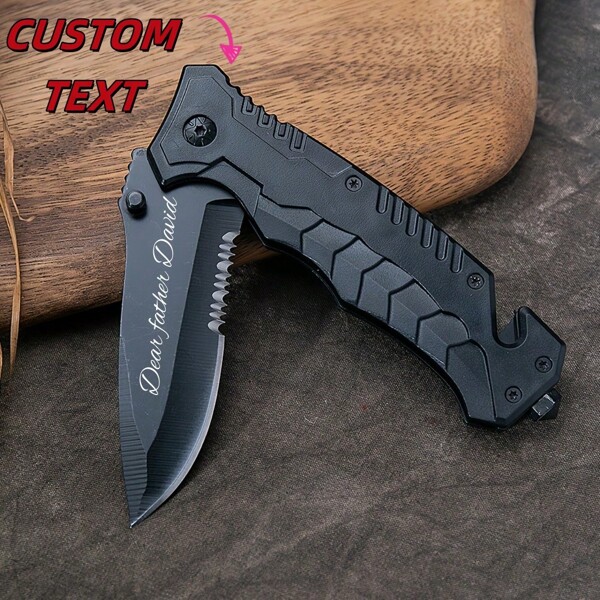 Customized Personalized, With Serrated Edge Durable Folding, Fashionable And Beautiful, Strong Men's, Women's Pocket Knife, Folding Knife, Clip E Knife, Emergency Glass Cutter Knife, Outdoor Multi-Functional Folding Knife, Outdoor Survival Tactical Camping Hunting, Gift For Dad, Lover, Son, Black, The Blade Can Be Laser Engra With Text, A Highly Personalized Knife, A Family Daily Essential Tool.