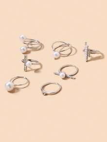 7pcs/Set Simple & Luxury Fashionable Faux Pearl & Rhinestone Open Ring Set For Women - Silver - View 2