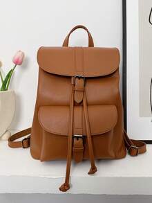 Stylish Black Leather - Like Backpack With Retro Buckle Design For Outings - Brown - View 5