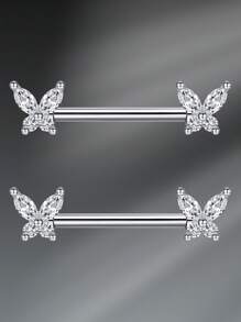 CIZME 1 Set 2pcs Nipple Rings Nipple Piercing Jewelry Nipple Rings Straight Barbells, Stainless Steel Silver Gold Butterfly Body Piercing Jewelry Nipple Piercing Barbell For Women With White Pink CZ Nipple Barbell
