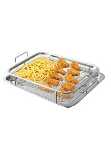 1pc/2pcs 304 Stainless Steel Double-Ear Roasting Net Basket, 13-Inch Stainless Steel Wave Bottom Roasting Pan, Reusable Rectangular Mesh Basket For Frying, Grilling, Kitchen Filter, Outdoor Camping BBQ, Home Oven Baking Tools, Kitchen Accessories