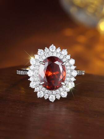 1 pieza Anillo de plata de ley 925 con zirconia sintética roja de forma ovalada, regalo de lujo para fiestas/cumpleaños/compromiso/boda/aniversario, uso diario