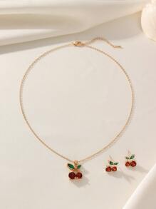 1 pieza Juego de joyas de aleación de cobre con circonita, simple y bonito con diseño de cereza, adecuado para uso diario y como regalo festivo