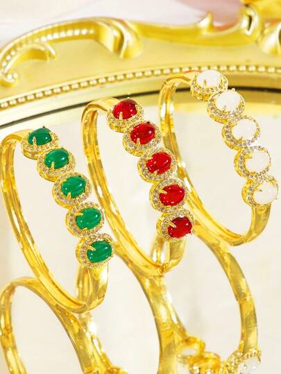 SEQUITO 1 Pc Delicate Ladies Jewelry Full Pave Setting Bling Red White Green Oval AAA Cubic Zirconia Pageant Wrist Gold Plated Bangle