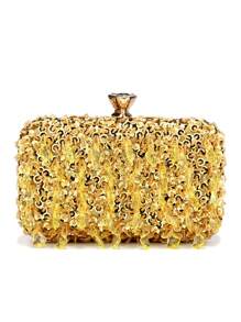 Retro Beaded Evening Clutch Bag, Removable Shoulder Strap, Solid Color Polyester Handbag With Buckle Closure And Decorative Box-Shaped Wallet, Suitable For Banquets And Parties