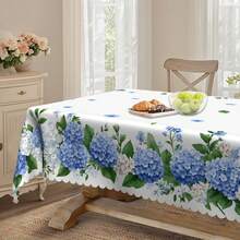 1pc Hydrangea Floral Round Tablecloth - Polyester Material, Watercolor Blue Floral Design, Suitable For Spring/Summer Picnic, Dinner Party And June Celebration Decoration, Standard Size (55"X70", 60"X60", 60"X86"), Outdoor Tablecloth, Picnic Table Cover, Elegant Dining Table Decor, Polyester Fabric, Easy Care Material, Home Decoration, Event Styling
