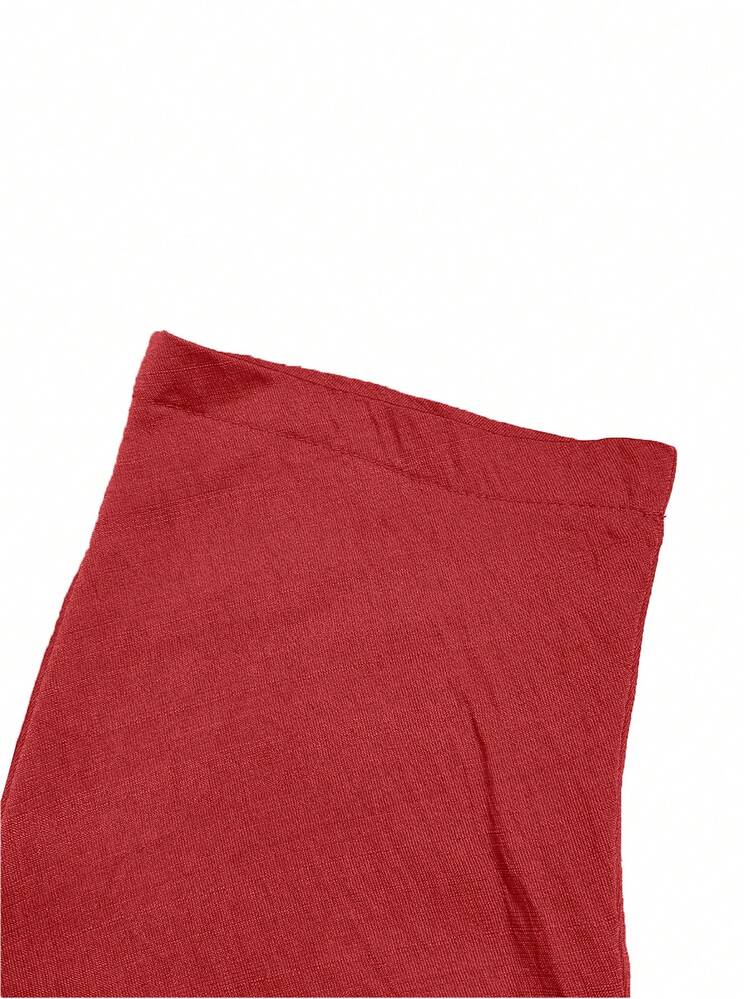 Women's Summer Elegant Set, Fashion Casual Vacation Daily Commute Versatile Solid Crew Neck Top Blouse & High Waist Loose Wide Leg Elastic Waist Pants 2 Pieces Set Spring - Red - View 4