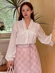 YIU 女装夏季少女纯色蕾丝边系带设计前扣长袖雪纺衬衫夏季女装新品 - 白色 - 查看 7