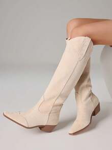 Women's Western Knee High Boots Pointed Toe Chunky Heels Cowgirl Boots Fashion Retro Western Boots - 杏色絨麵 - 查看 5