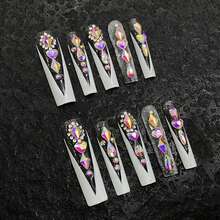 Handmade Press On Nails 10PCS - White Glam With 3D Crystal Rhinestones & Rainbow Sparkle, Long Stiletto Nails For Party Wedding Daily ( Hypoallergenic) - White - View 3