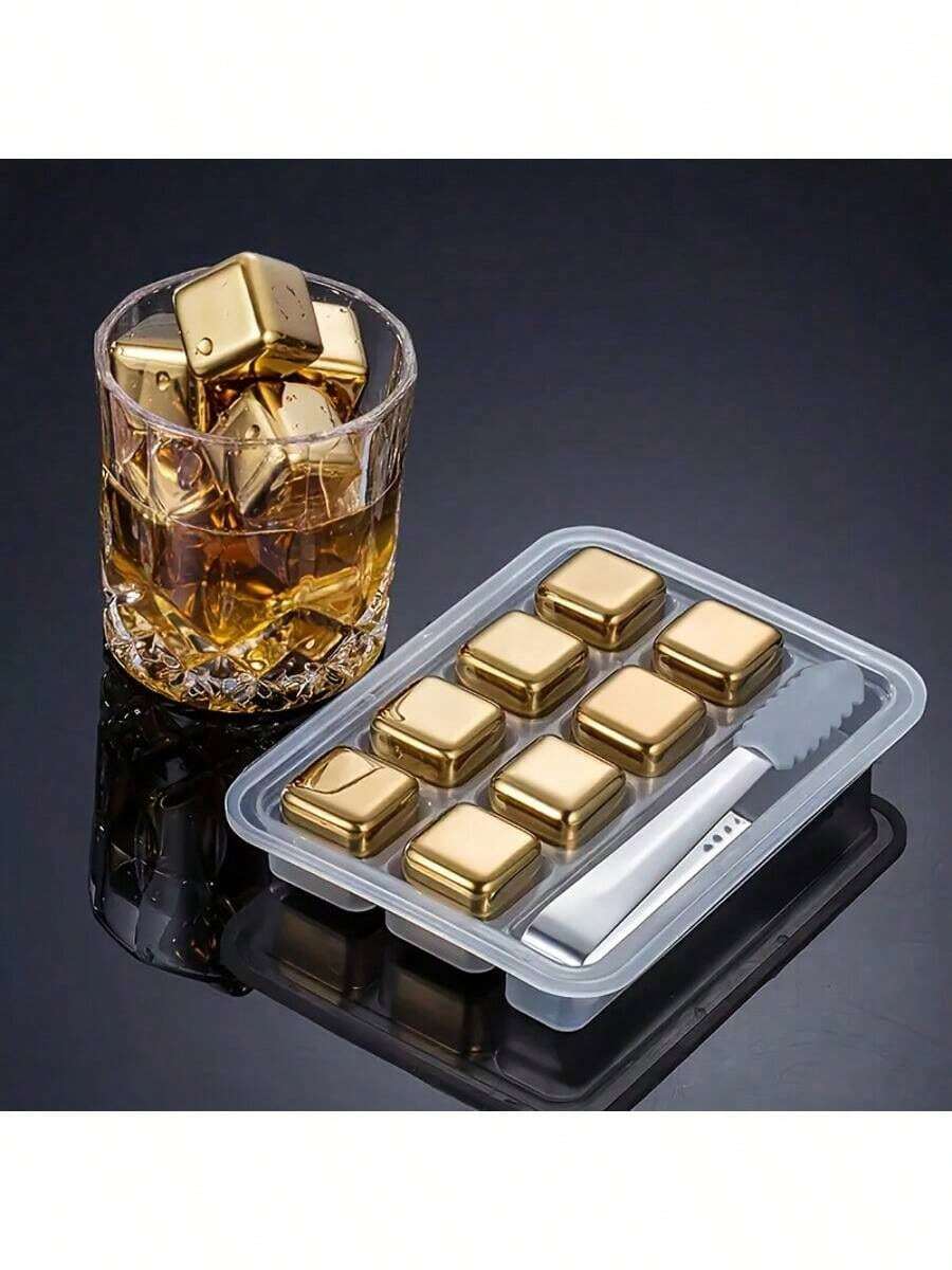 8 Gold Ice Blocks With Silicone Clip - Reusable Metal Chilling Pebbles & Fast Freezing Stainless Steel For Cocktails, Whiskey, Wine & Drinks - Perfect For Christmas, Halloween, Easter, Thanksgiving & More - Multicolor - View 1