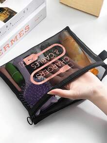 玫瑰金网格化妆包带数据线图案，红色气垫收纳便携式收纳包，化妆包，护肤包，旅行必需品，宿舍用品，婚礼新娘礼物，母亲礼物，生日礼物，送给朋友和老师的礼物，浴室收纳，珠宝收纳，唇油和化妆品收纳包 - 彩色 - 查看 2