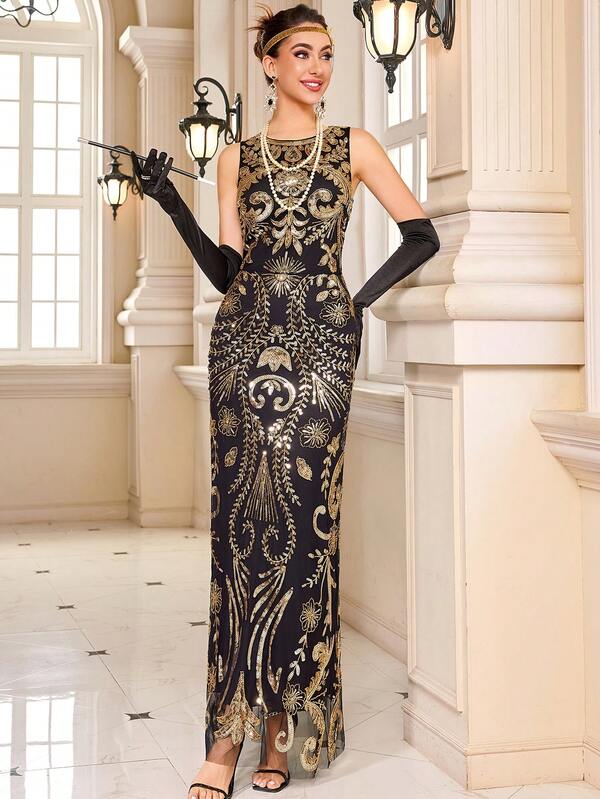 LVNES 1920 年代盖茨比华丽复古花卉轻薄长袍宴会礼服正式晚会周年派对