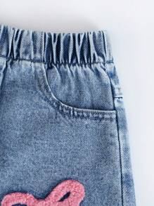 1pc Girls Golden Embroidered Cute Bow Ripped Denim Shorts, Fashion Streetwear Versatile