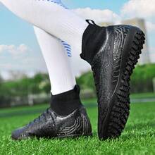 YOVKSI (Tamanho do calçado: 32-46), 1 par de chuteiras de futebol de cano alto TURF-DOMINATOR para homens e jovens - calçados de grama artificial com vários pinos e tecnologia de trava de tornozelo | Couro PU leve, chuteiras de treinamento antiderrapantes (preto/branco) - Preto - Ver 1