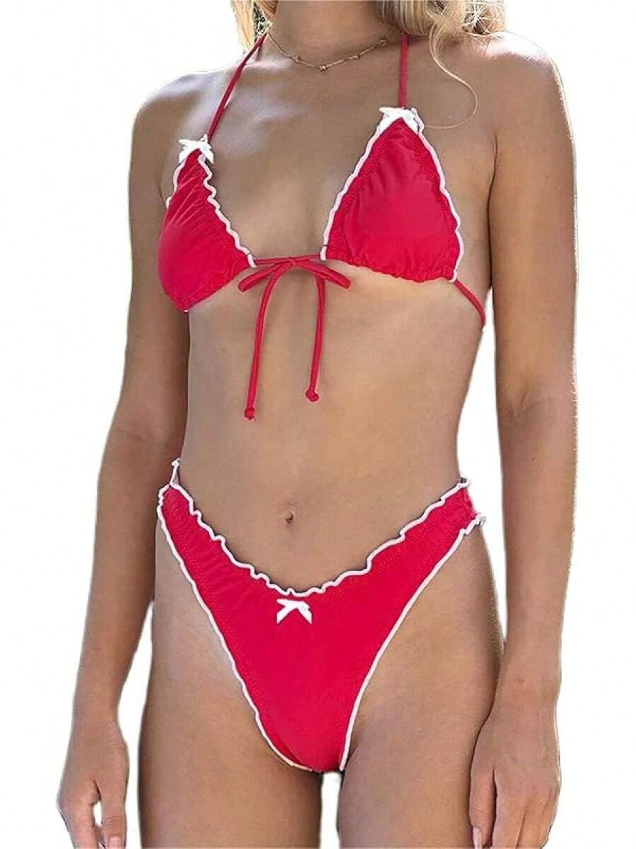 Alyweatry Women Y2K Bikinis Sets Coquette Aesthetic Bows Halter Tie Up Bikini Top High Cut Elastic Waist Bikini Bottom - 紅色 - 查看 1