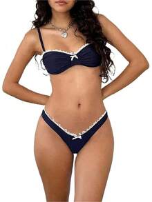 Alyweatry Women Y2K Bikinis Sets Coquette Aesthetic Bows Halter Tie Up Bikini Top High Cut Elastic Waist Bikini Bottom - 蕾絲邊海軍藍 - 查看 1