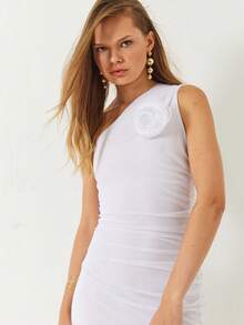 Elegant Solid Color 3D Floral Decor Sleeveless Bodycon Dress, Summer - White - View 2