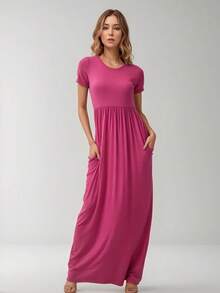 Vestido Casual   Liso    Casual  Dulce  Sencillo    Tela    Bolsillo    Ideal Para  Boda  Playa  Oficina  Casa  Fiesta de Cumpleaños - Rosa Fucsia - Ver 1