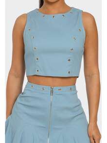 Popstar Eyelet Detail Skirt Set  Plain    Casual    Button  Zipper  Pocket    Beach  Night Out - 藍色 - 查看 7