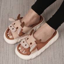 coimfine Light Brown Cartoon Cow Pattern Thick Sole Indoor House Slippers, Cloth Slippers With Open Toe, Suitable For Spring, Summer, Autumn