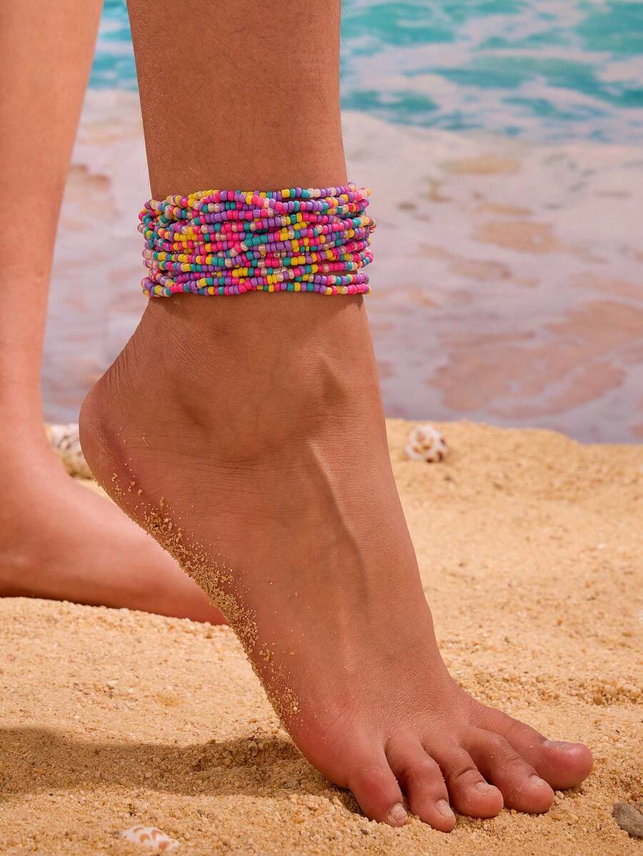 18pcs Colorful Glass Seed Bead Multi Strand Anklet Set - Purple - View 1