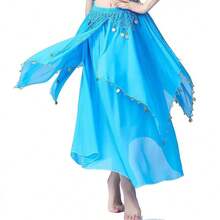 女士舞蹈裙肚皮舞长裙摆层叠裙派对节日服装带硬币开衩裙肚皮舞表演比赛服装