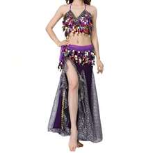 女士肚皮舞服装套装 肚皮舞短款上衣 胸罩和臀部围巾 开衩舞裙 万圣节服装 - 彩色 - 查看 21