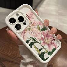 Vintage Floral Lily Pattern TPU Phone Case For IPhone 16 15 14 Pro Max 13 12 11 XR XS Plus Shockproof Drop Protection Rugged Durable Silicone Cover Cellphone Protective Flower Casing - 酒紅色 - 查看 6